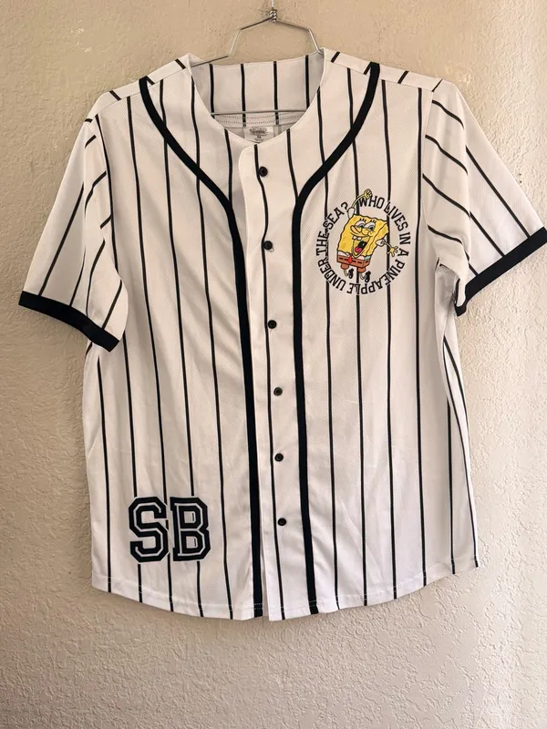 SpongeBob Mens Baseball Shirt Button Up Short Sleeve Graphic Tee Retro Size M - Image 2