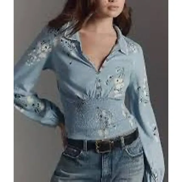 Maeve | Anthropologie light blue floral smocked long sleeve blouse top WOMENS M - Image 7