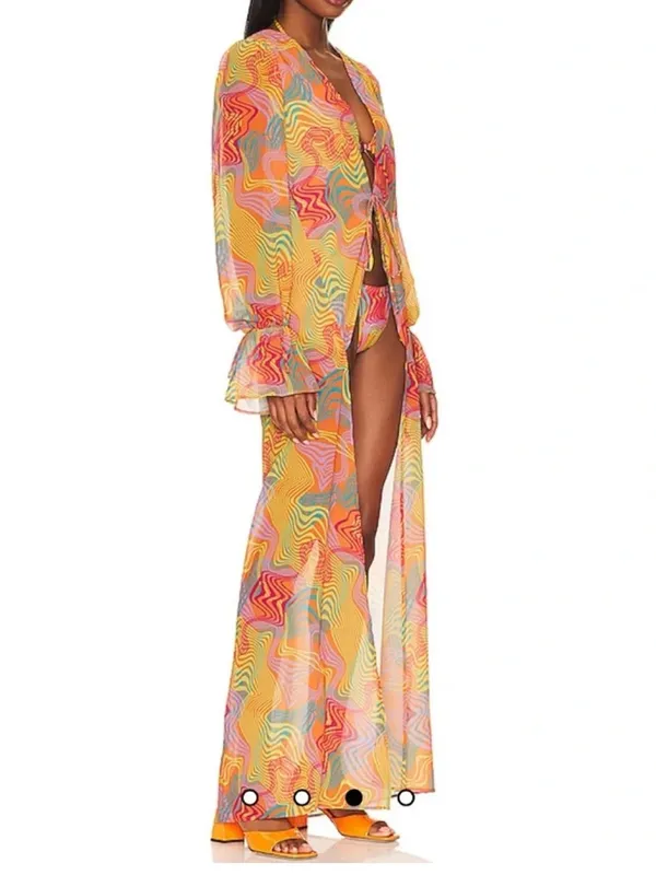 Bananhot Long Multi-Color Sheer Long Sleeve Cover-Up In Waves Size M/L - Image 3