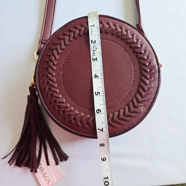 Stylish Round Crossbody Bag in Deep Burgundy Braided Detailing‎ - Image 5