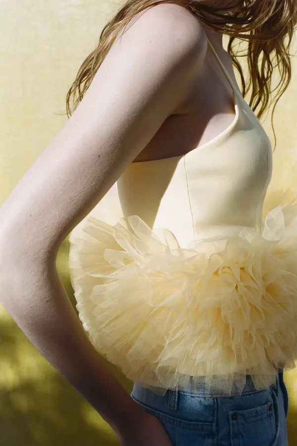 Zara top blouse butter yellow ruffle tulle - Image 9