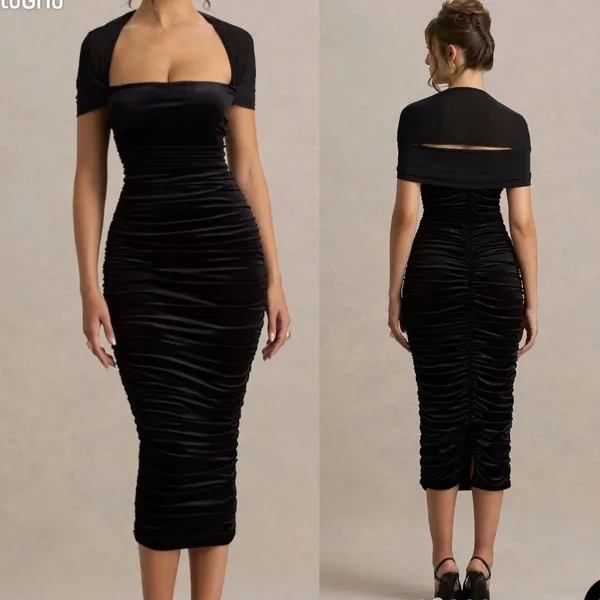 Club L London Seductress Square Neck velvet Ruched Midi Dress Black Sz 10 sexy - Image 2