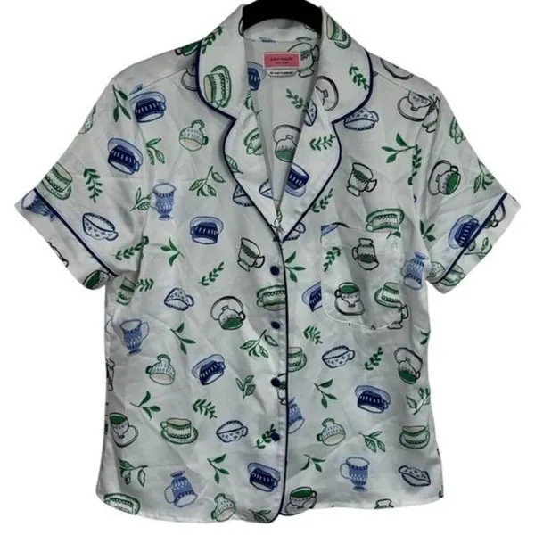 Kate Spade Blue Green Novelty Coffee Print Satin Pajama‎ Top Cozy Feminine XS - Image 2