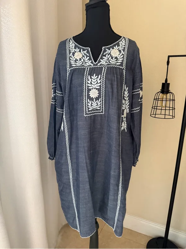 Roller Rabbit Abigail Blue Embroidered Cotton Tunic Dress Boho Medium - Image 2