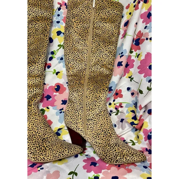 Crown & Ivy Azalea Cheetah Sz6 Knee High Fabric Pointy Toe Side Zip Boots - Image 10