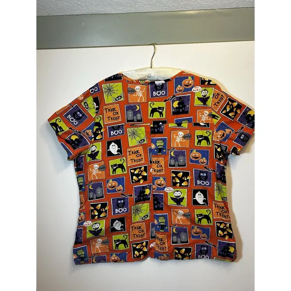 ScrubStar Halloween Scrub Top XL Ghost Pumpkin Black Cat Nurse Cotton Fun - Image 4