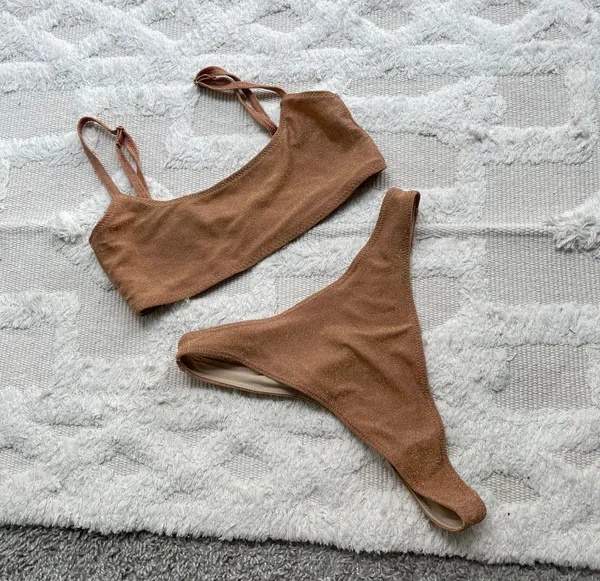 Oh Polly Gold Glitter High Waisted High Cut Brazilian Bikini Set - Image 3