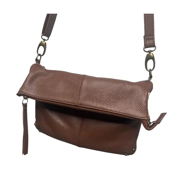 Lucky Brand Crossbody Brown Pebbled Leather Foldover Purse Bag Convertible Hobo - Image 7