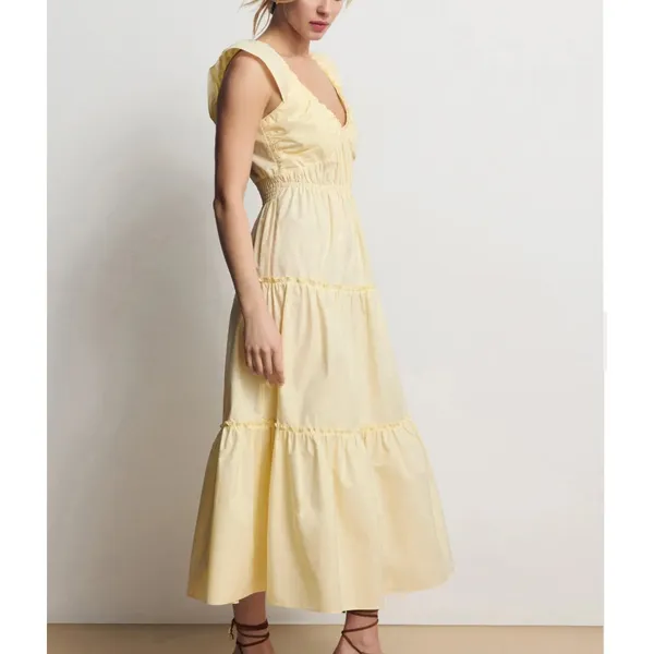Derek Lam Yellow Tiered Ruffle Midi Dress Size 2 Cotton Cottage Designer $420 - Image 2