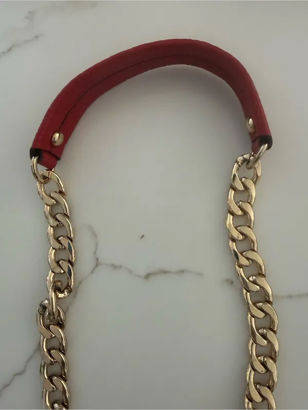 Red Leather and Gold Chain Bag Strap with Leather Shoulder Pad - Image 2