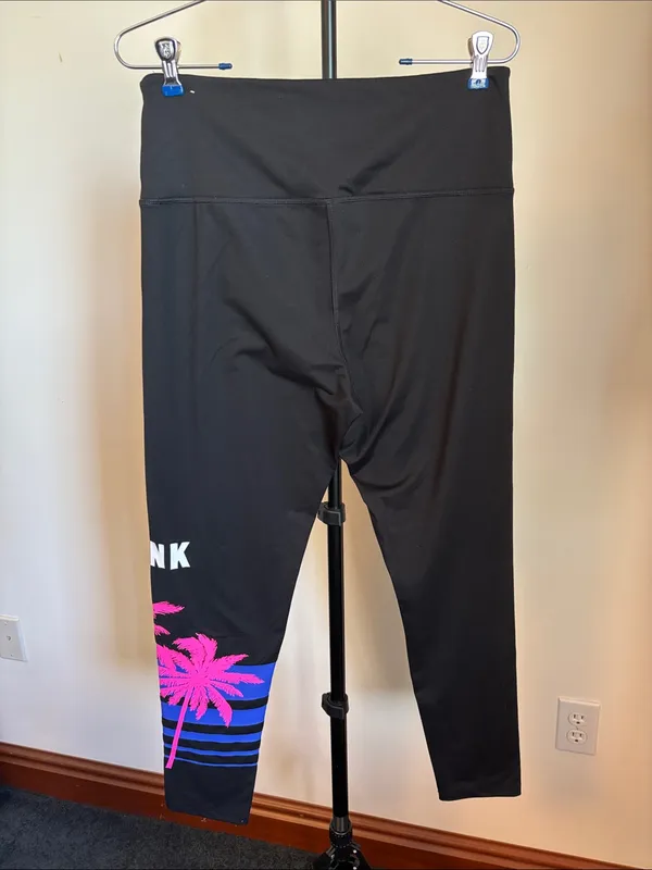 PINK Victoria's Secret Black Leggings with Pink Palm and Blue Stripe - Image 2