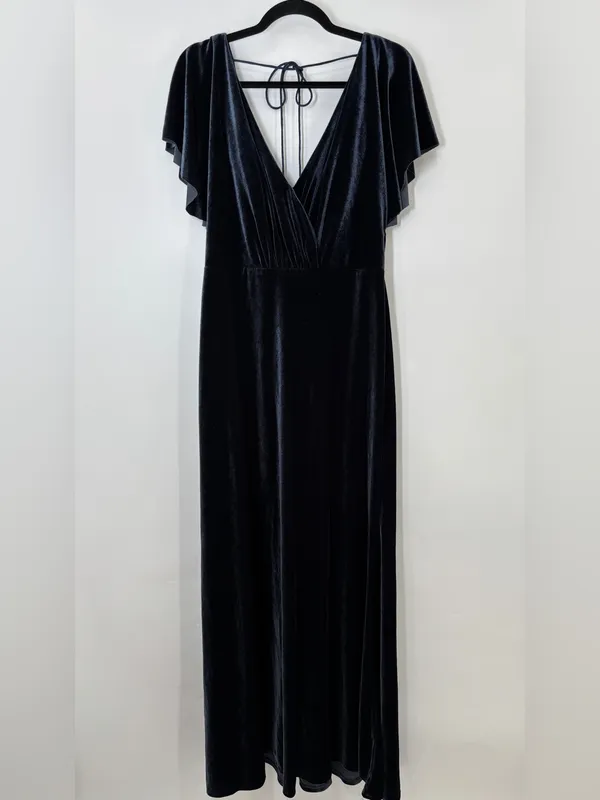 BHLDN Anthropologie Jenny Yoo Ellis Flutter Sleeve Blue Velvet Maxi Gown Dress - Image 4