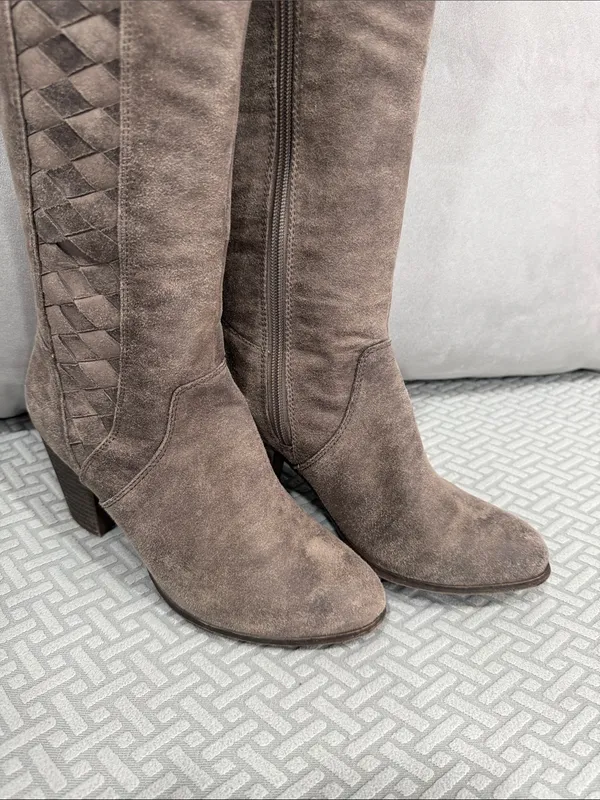 Fergalicious Taupe Suede Over-the-Knee Woven-Panel Boots Size 7.5 - Image 2