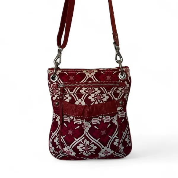Fossil‎ Red Floral Canvas Leather Trim Crossbody Bag Small Messenger Purse - Image 3