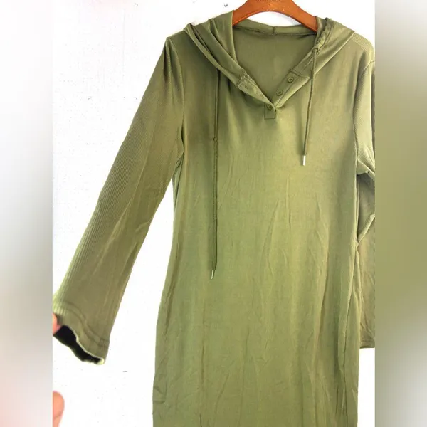 SHEIN Curve 2X Ribbed Long Sleeved Hoodie Maxi Dress in Olive - Image 5
