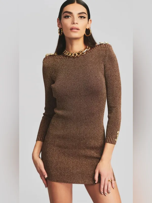 Retrofête AVENUE RIB KNIT DRESS in Metallic Cognac - Image 2