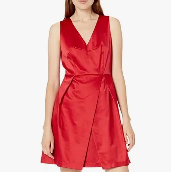 PARIS SUNDAY Red Sateen V Neck Dress Sleeveless Fit Flare Women’s Sz L Cocktail - Image 2