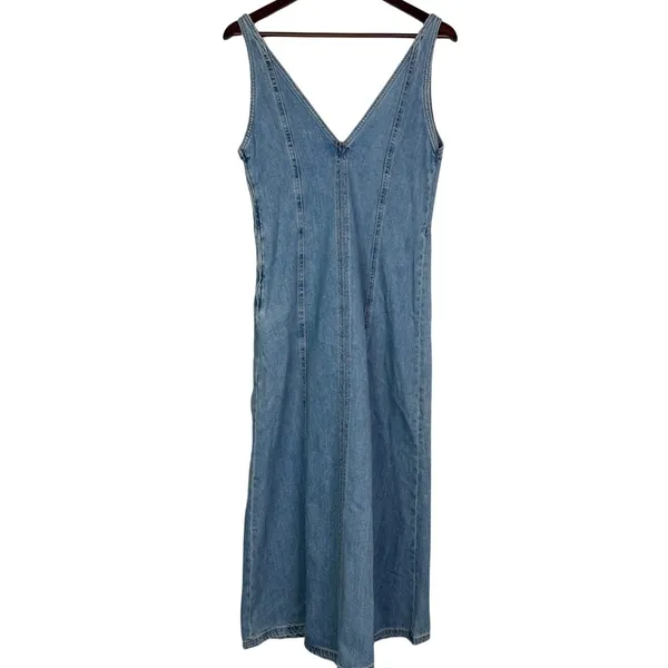 Zara Oversized Denim Seamed V Neck Sleeveless Midi Dress Side Zip Up S Blue Wash - Image 6