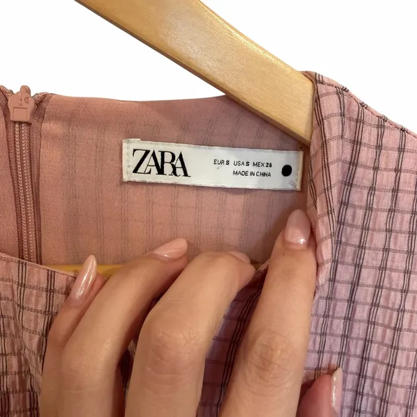 Zara Gathered Waist Puff Sleeve Pink Plaid Midi Dress S Style 4786/056 - Image 8