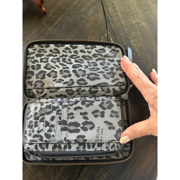Perlina New York Black Leather Studded Zip Around Wallet Leopard Print Interior - Image 7