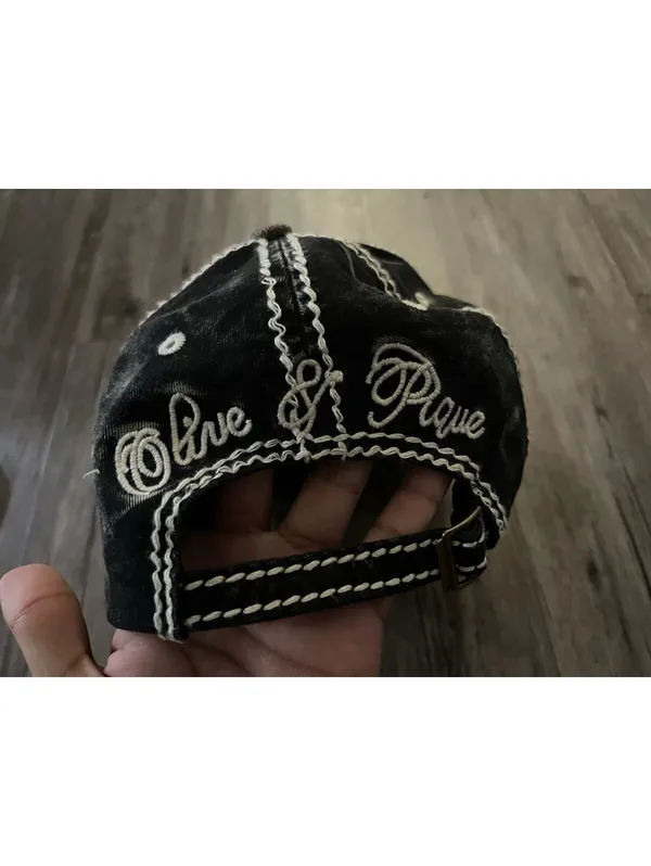 Olive & Pique Beaded Floral Heart Cap Brown Denim Y2K - Image 3