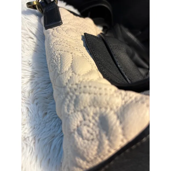 Betsey Johnson Cream Quilted Rose Satchel Black Bow Pearl Stud Handbag - Image 2
