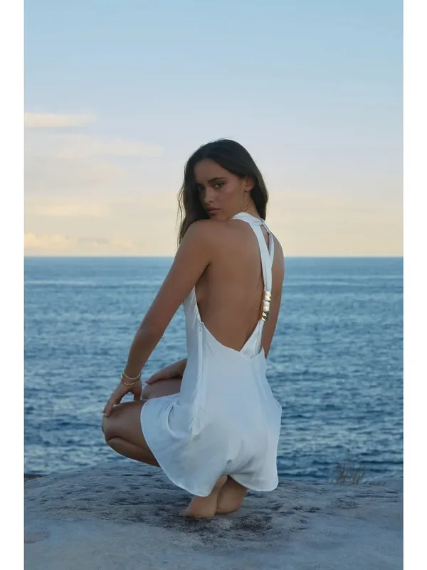 SNDYS Nixie Mini Dress in White Small New Womens Satin Open Back - Image 13