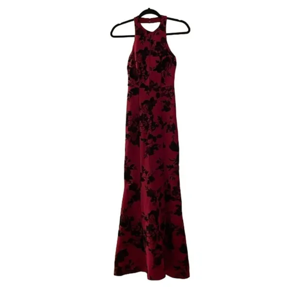 Teeze Me Vintage Red Formal Halter Mermaid Dress Juniors 1 Velvet Floral USA - Image 2