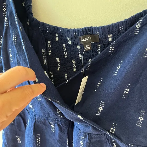 Madewell Sz M Jacquard Navy Puff Short Sleeve Cropped Top Blouse V Neck Pullover - Image 7