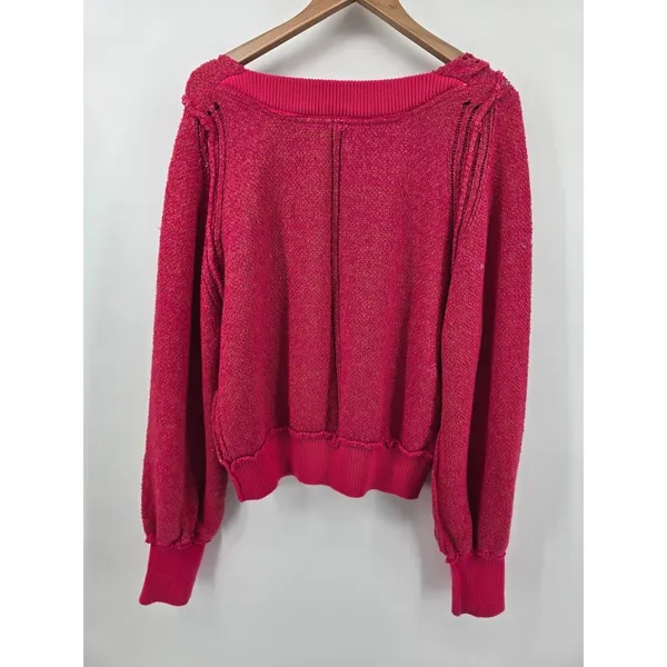 Free People Sweater Womens L Pink Moonbeam Pullover V-Neck Balloon Sleeve Knit‎ - Image 3