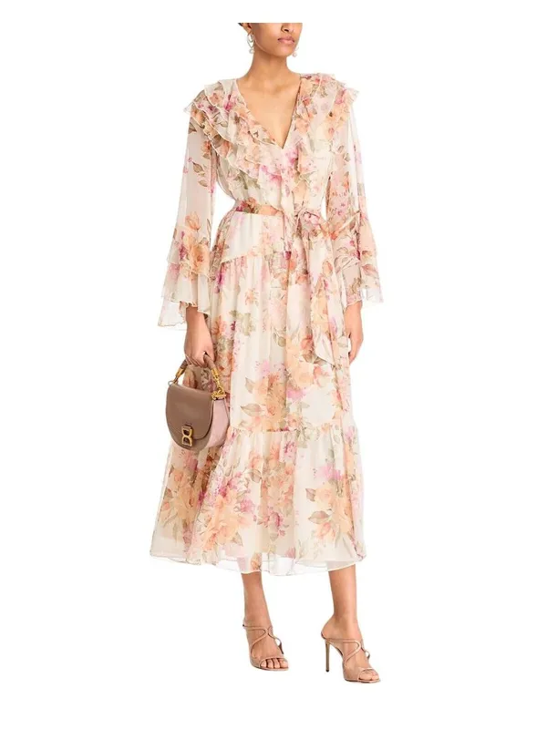 Aqua Womens Flowy Lightweight Floral Ruffle Maxi Dress IDM12134 Yellow / White L - Image 6