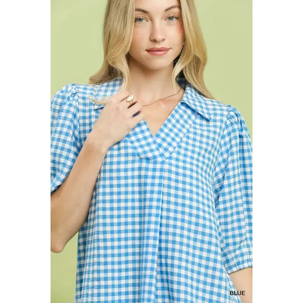 Umgee Gingham Puff Sleeve Collared Blouse - Blue -‎ Small - Image 4