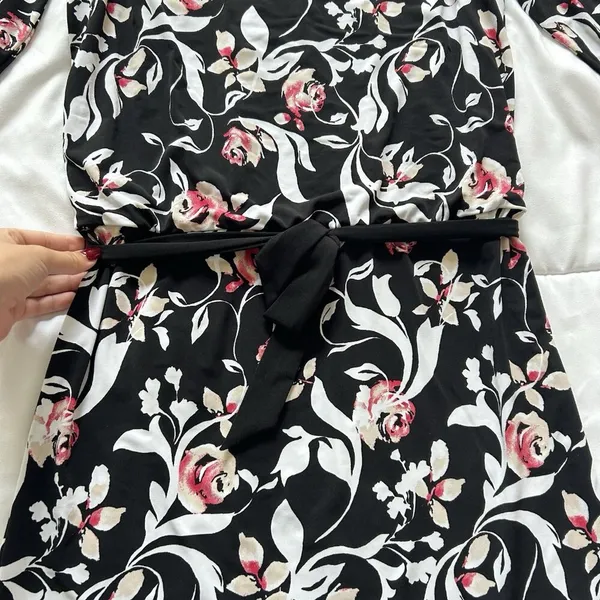 White House Black Market Womens Small Tie Dress Floral Long‎ Sleeve Black Pink - Image 2
