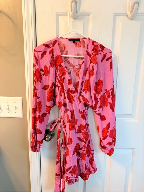 Olivaceous Pink Wrap Dress with Red Floral Print - Image 6