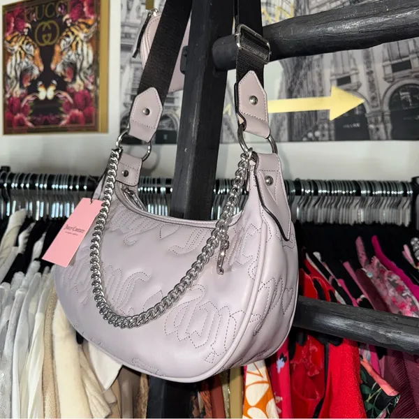 Juicy Couture Quilted Gull Grey Puff Half Moon Xbody Crossbody Faux Leather Bag - Image 4