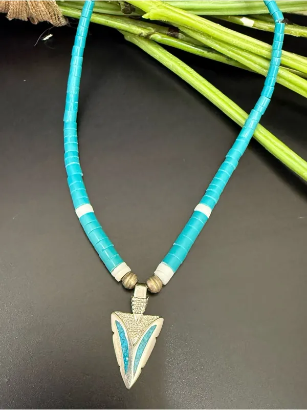 Vintage Southwestern Silver-tone Turquoise Heishi Beads Pendant Necklace - Image 4