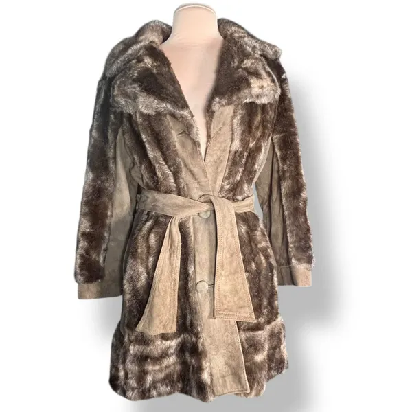 Vintage 70s Tocci England Faux Fur Suede‎ Leather Belted Coat Burgundy Lined - Image 2