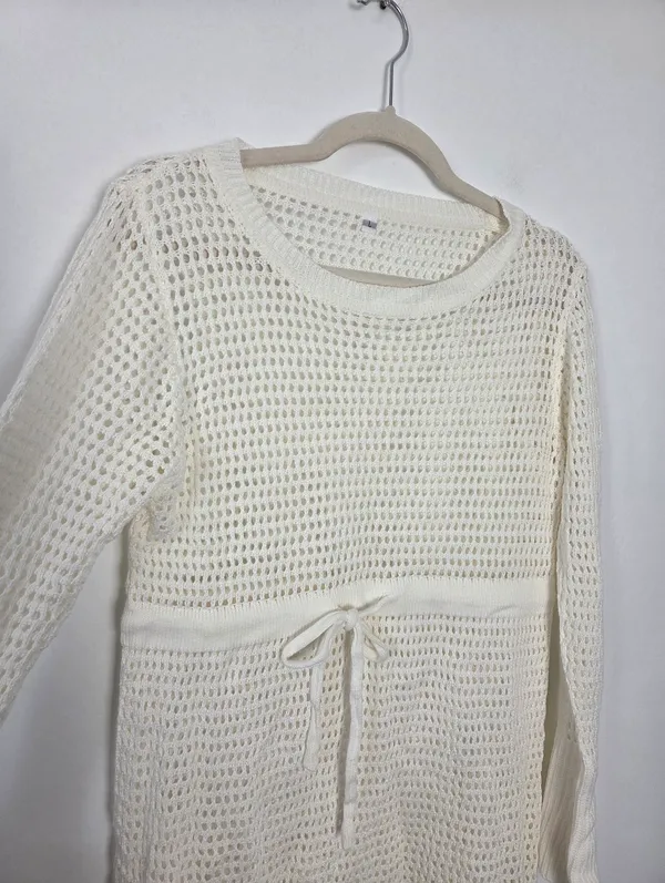 Ivory Cream Loose Knit Swim Cover Up Long Sleeve Sheer Cottagecore Beach Boho L - Image 9
