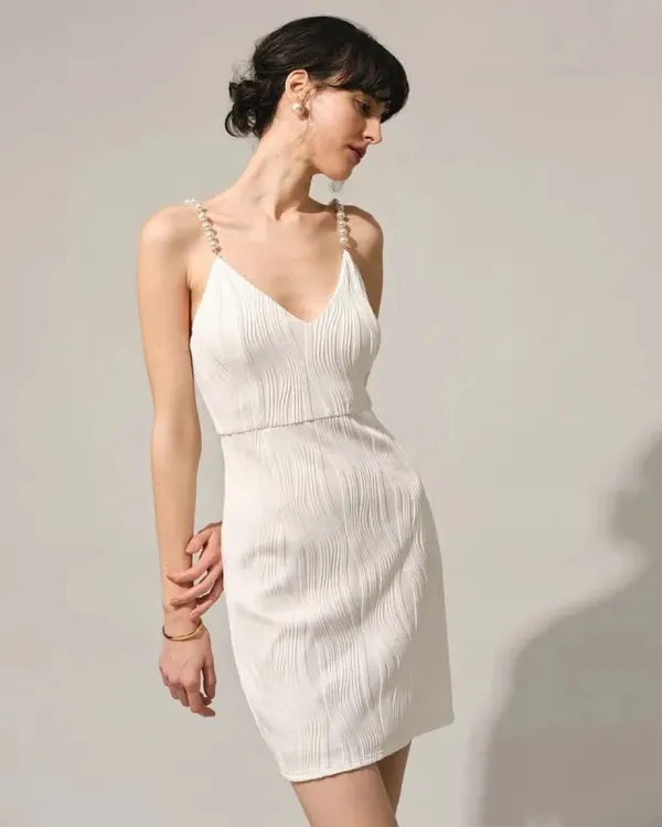 ✨ NWT RIHOAS White Textured Plissé Mini Dress w/ Pearl Straps (Size XS) 🤍 - Image 2