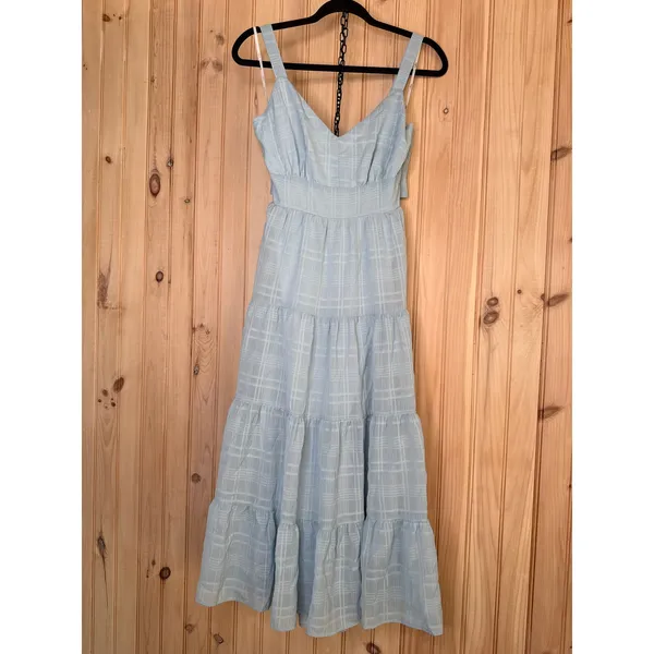 NWT Lulus Freest Feelings Light Blue Plaid Tiered Tie-Back Midi Dress Resort S - Image 2