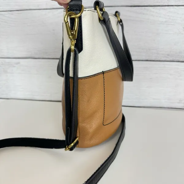 FOSSIL Amelia Bucket Purse Brown/Cream Two-Toned Leather Crossbody‎ Boho Western - Image 3
