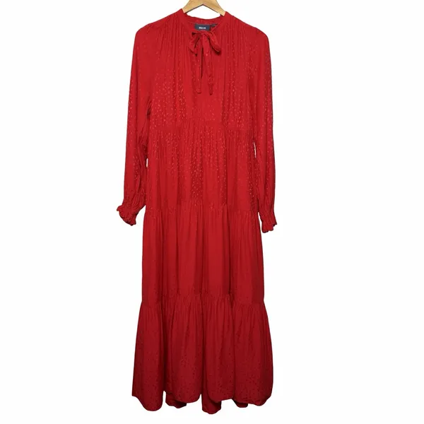 Anthropologie Maeve Wendy Tiered Maxi Dress Red Jacquard Tie Neck‎ Large Cottage - Image 5