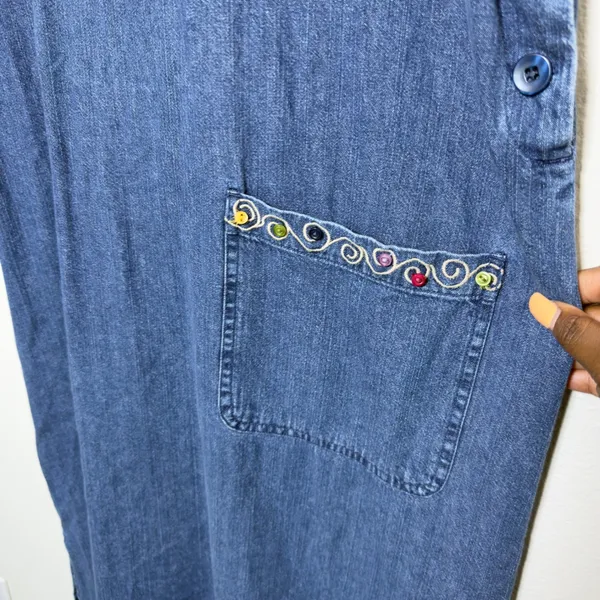 VTG 90s Women 100% Cotton Western Denim Jumper Dress Button Blue Embroidered‎ - Image 7