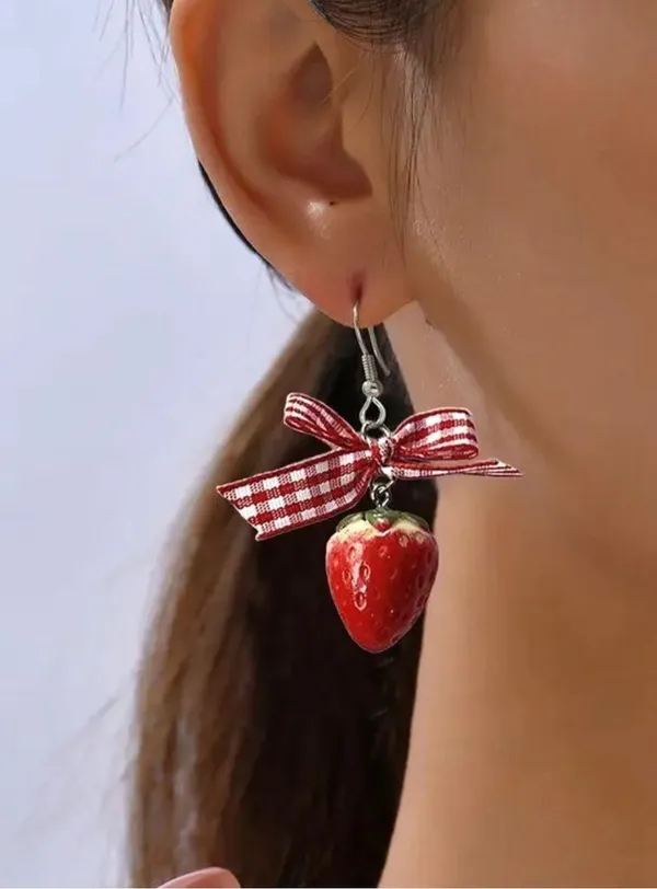 Strawberry Earrings with Red Gingham Bows - Image 3