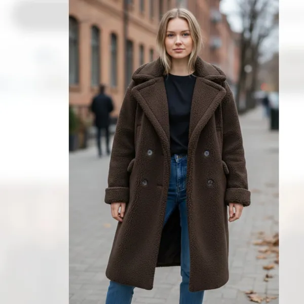 NWT Stoosh Sherpa Fabric Teddy Double-Breasted Long Coat IN BRACKEN - Image 2