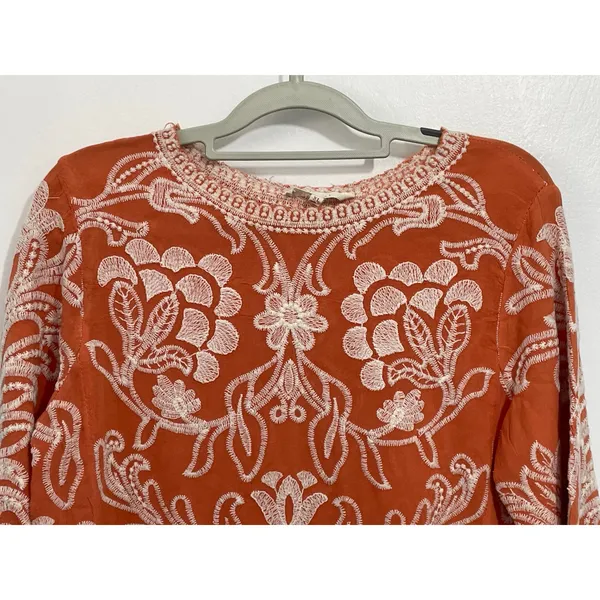 Solitaire Blouse XL Orange Floral Embroidered 3/4 Sleeve Cottage Core Boho - Image 2