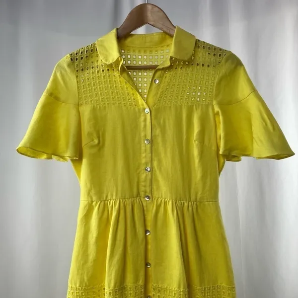 Belle Badgley Mischka Dailey Eyelet Linen Shirt Dress in‎ Yellow Size 0 - Image 6