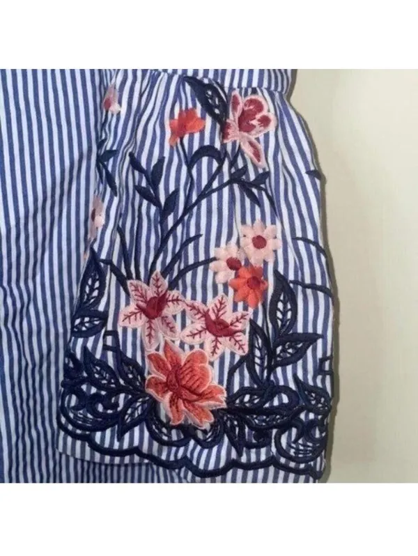 J Howard Blue and White Striped Off The Shoulder Flared Sleeve Dress Floral - Image 6