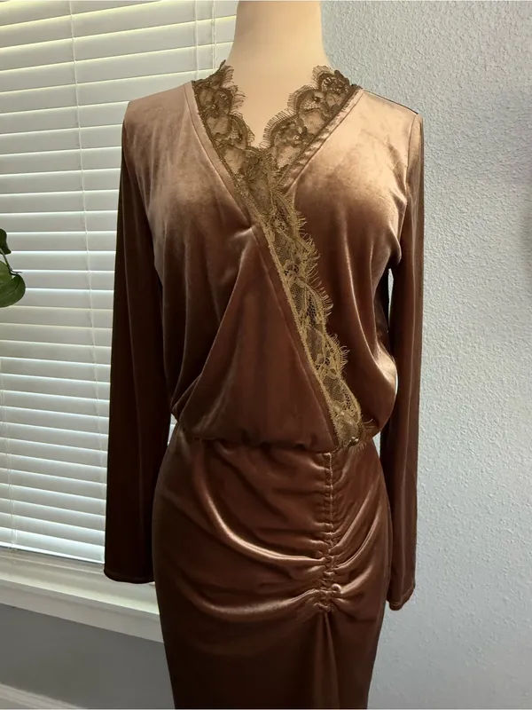 NWT Anthem the label Velvet Lace Trim Wrap Midi Dress - Image 2