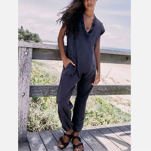 Free People FP Movement Hot Shot V-Neck Onesie Washed Black - Image 2